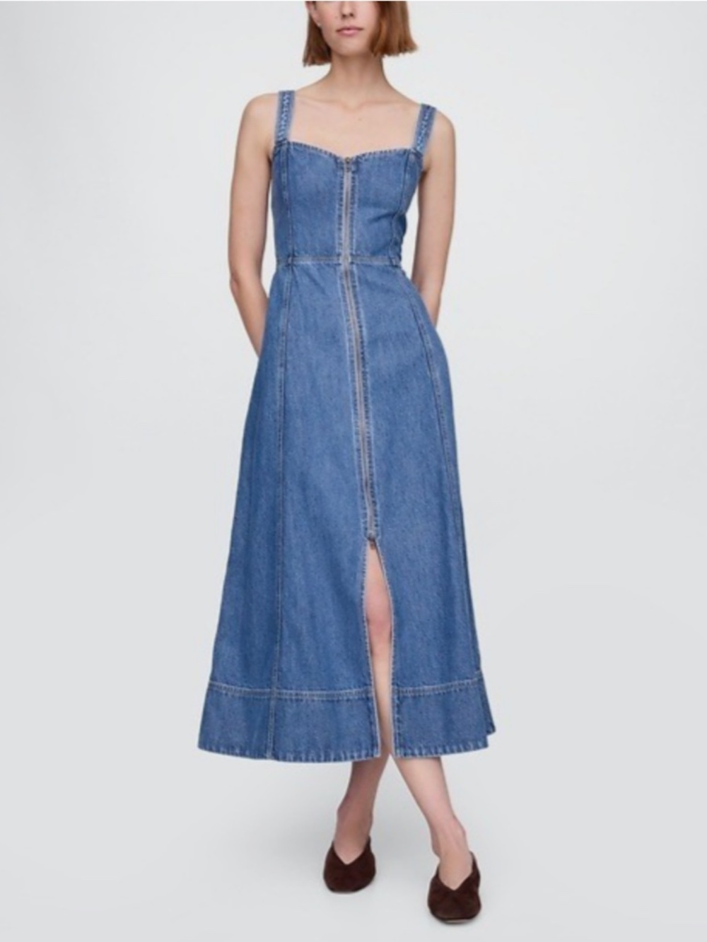 GAP Ultrasoft Denim Zip-Front Slit Sleeveless Midi Maxi Dress, Small Petite